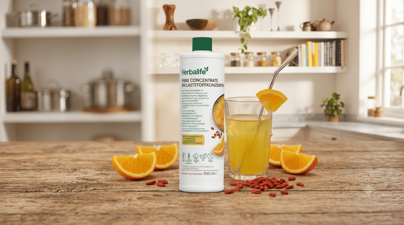 Flasche Herbalife Ballaststoffkonzentrat Süsse Orange & Gojibeere auf einem Holztisch mit Glas Wasser, Zitronenscheiben und Gojibeeren